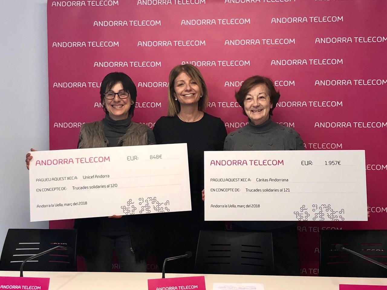 Andorra Telecom grants Unicef and Càritas the funds raised through the solidary numbers 120 and 121
