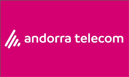 Logo negatiu amb fons magenta Andorra Telecom